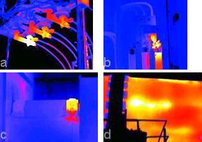 Figure 4. Sample thermographic images:<br>
a) Power distribution power system.<br>
b) Fuse connections on a machine panel.<br>
c) A bearing housing.<br>
d) The outside of a kiln shell.